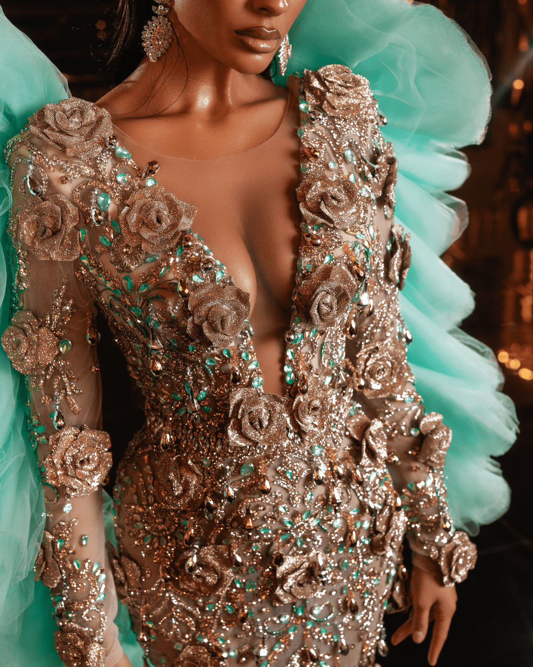 Herosa Aqua Dress with Crystals and 3D Designs - BLINI