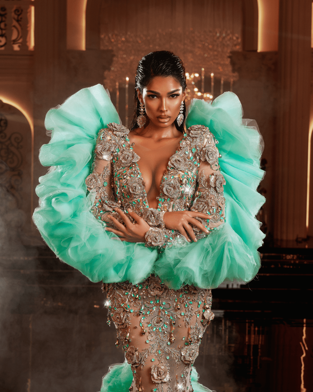 Herosa Aqua Dress with Crystals and 3D Designs - BLINI