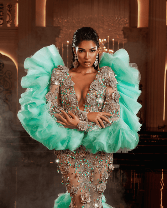 Herosa Aqua Dress with Crystals and 3D Designs - BLINI