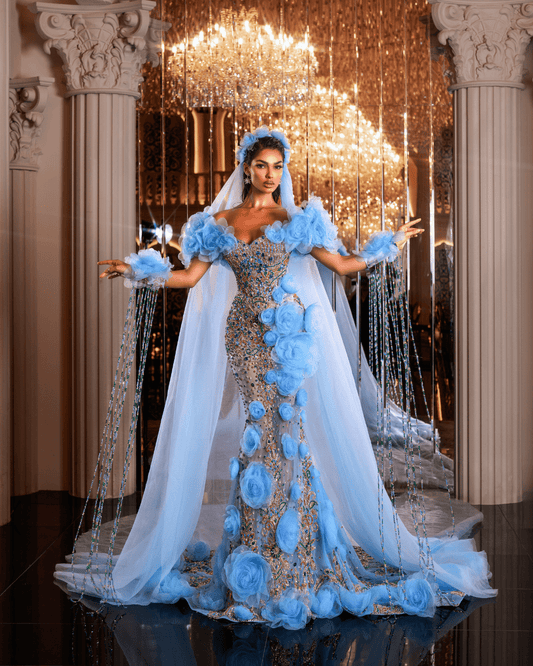 Morody Blue Sleeveless Dress with Flowers and Headpiece - BLINI