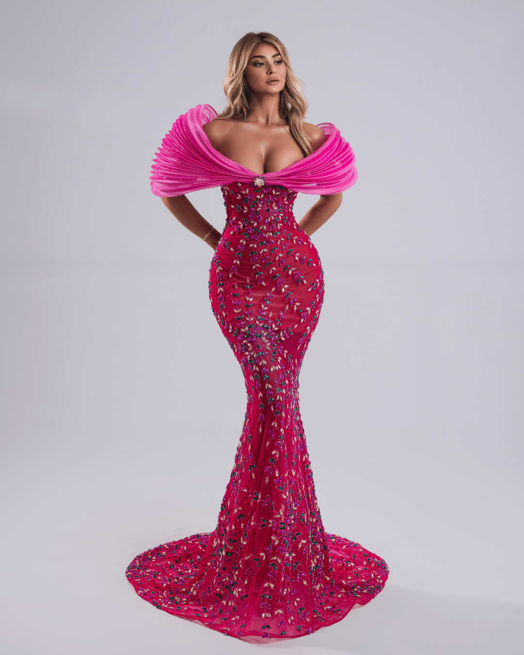 Naora Pink Long Dress Off Shoulder with Crystals - BLINI