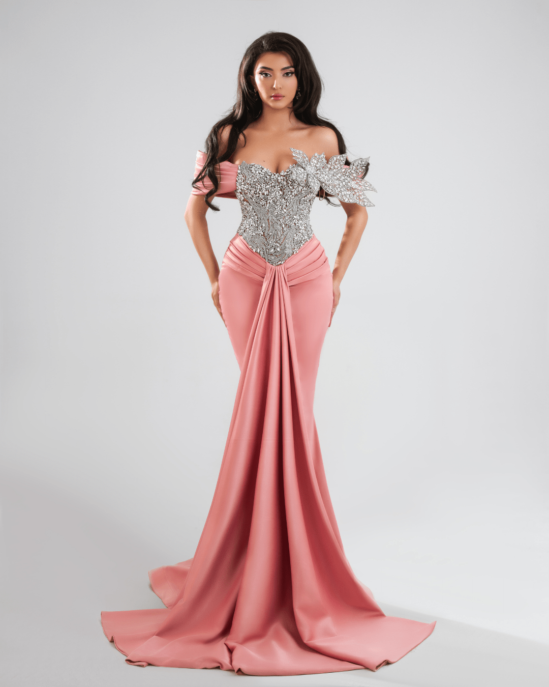 Orina Pink Long Dress with Crystals and Cape - BLINI