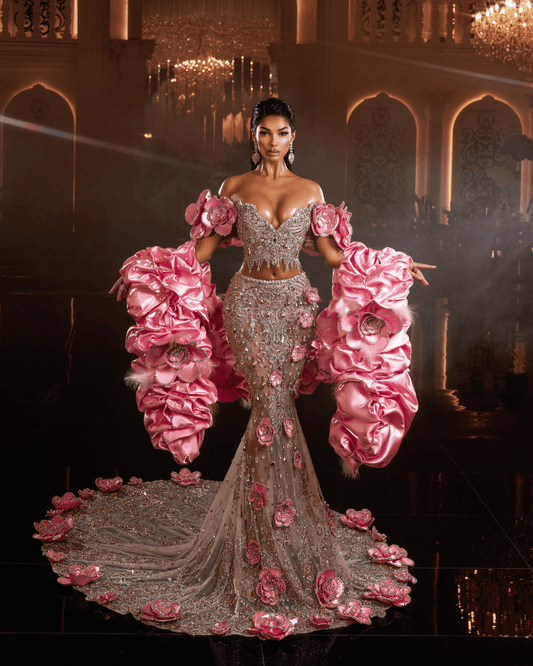 Planya Pink Sleeveless Dress with Flowers and Cape - BLINI